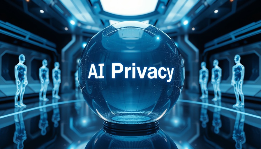 Futuristic glass sphere with AI Privacy text, holograms, metallic room.