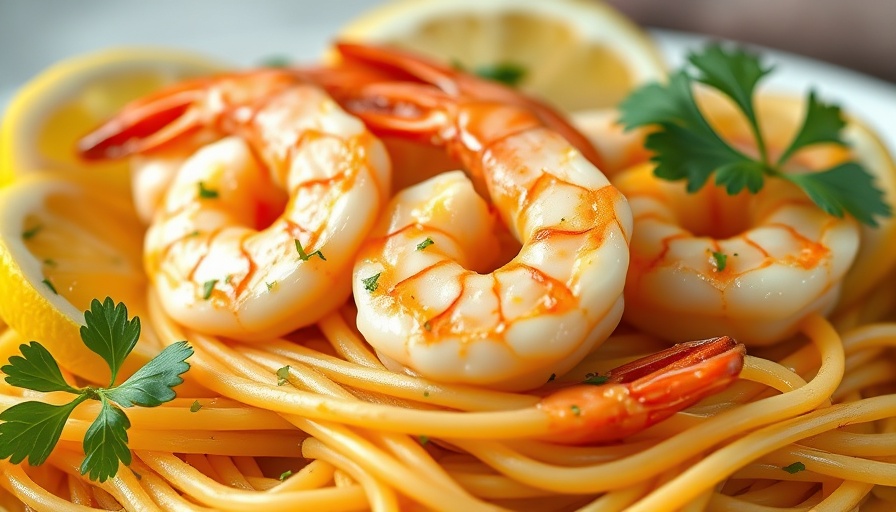 Quick shrimp scampi recipe with pasta and lemon garnish.
