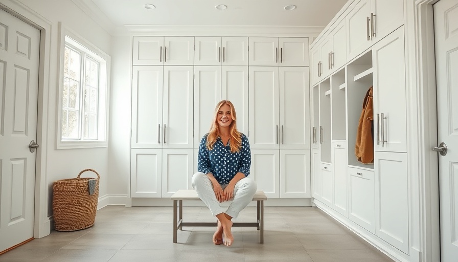 Custom mudroom built ins with woman in blue shirt sitting on bench.