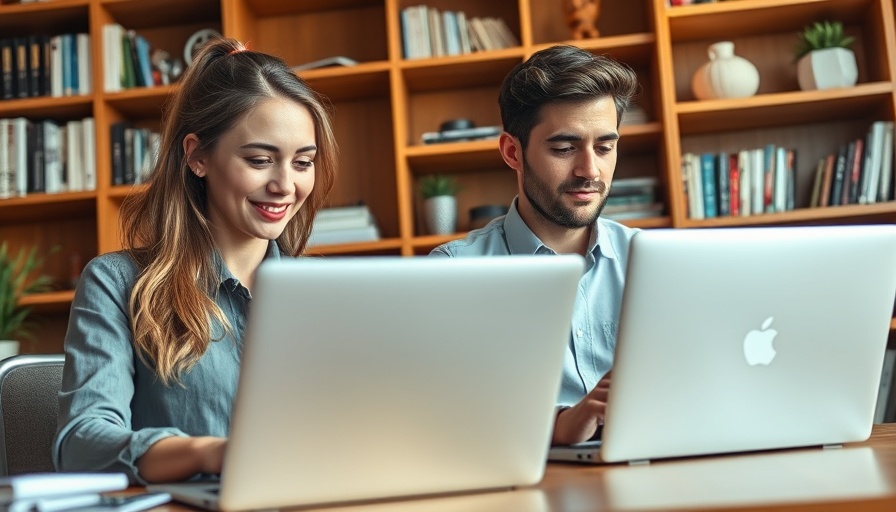 Two professionals discussing work on laptops in cozy office, Claude AI.