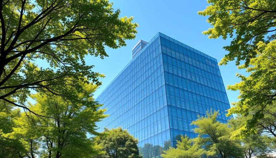 Modern tech office building with glass facade under sunny sky.