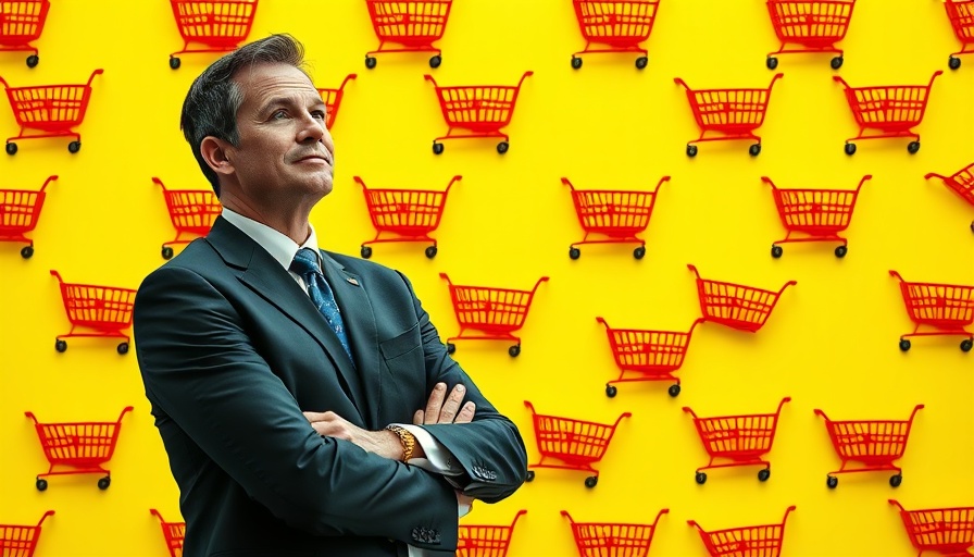 Thoughtful businessman standing before shopping cart pattern background, Open AI acquisitions.