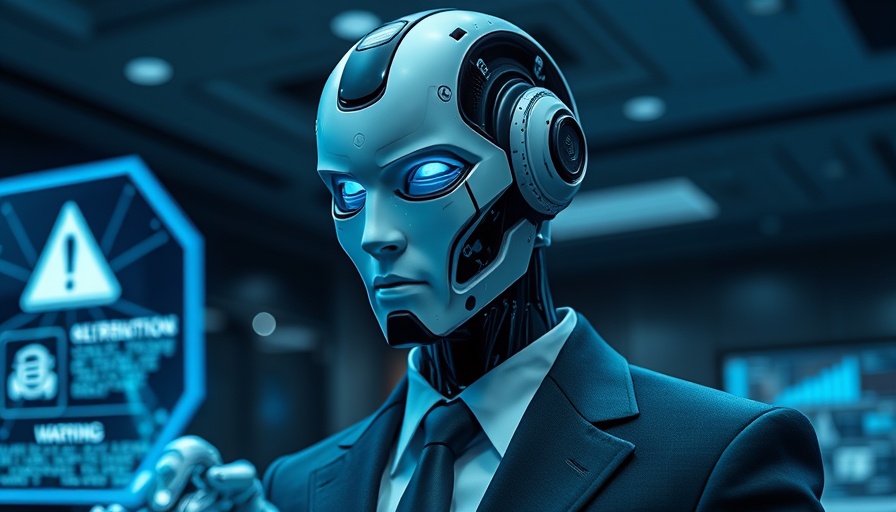 Agentic AI robot with digital warning in office setting
