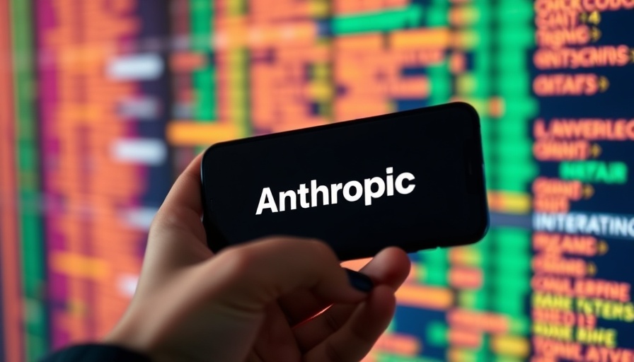 Hand holding smartphone with Anthropic logo against colorful code