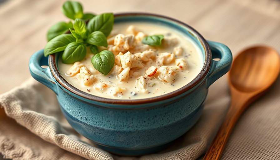 Creamy chicken chili in a blue bowl garnished with basil, easy weeknight chili recipe.