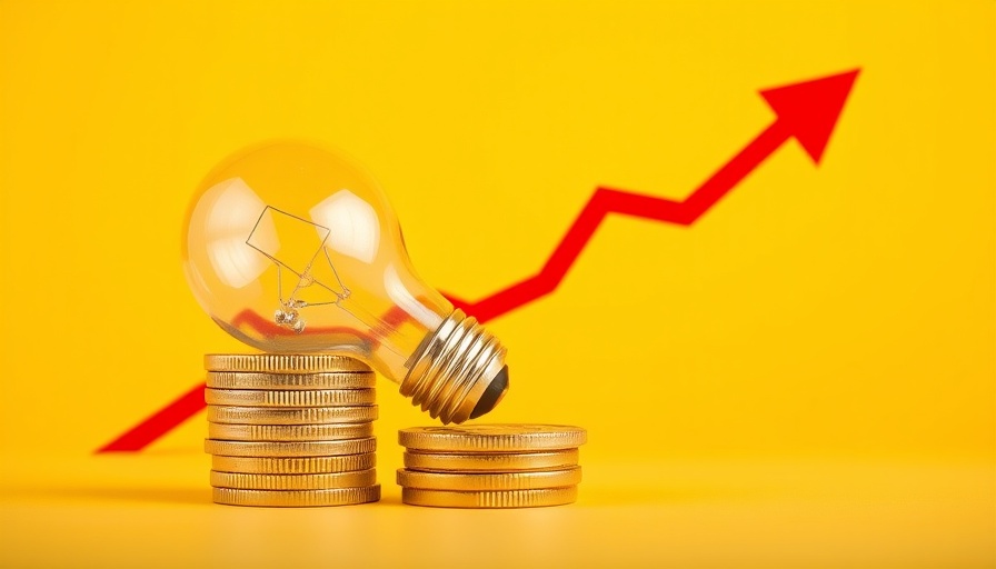 Energy bills rise symbolized by light bulb on coins with upward arrow.