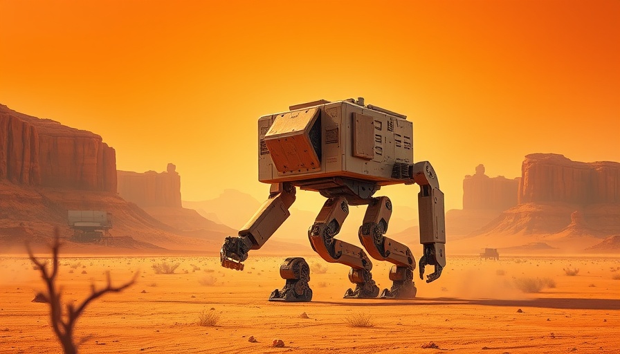 Claude AI futuristic robot in desert landscape.