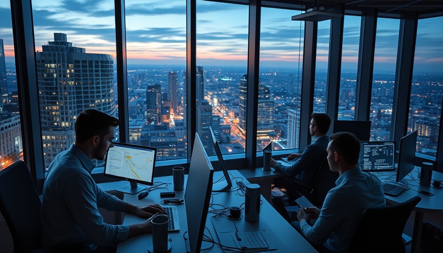 Technology professionals developing Microsoft AI in high-rise office at dusk.