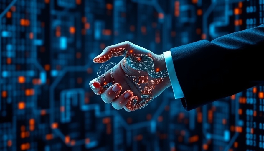 Futuristic handshake between human and AI agent with binary code.