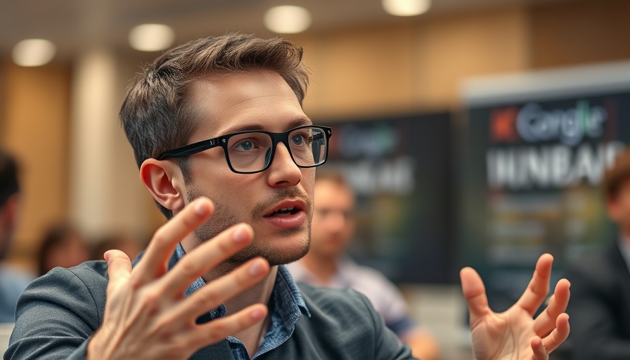 Young man discussing technology at a conference, free Comet AI browser concept.