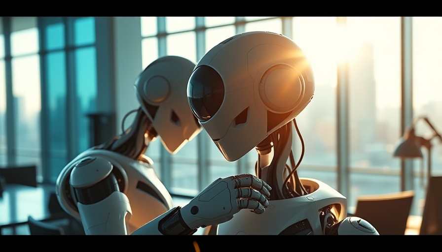 Futuristic AI device autonomously coding in modern office.