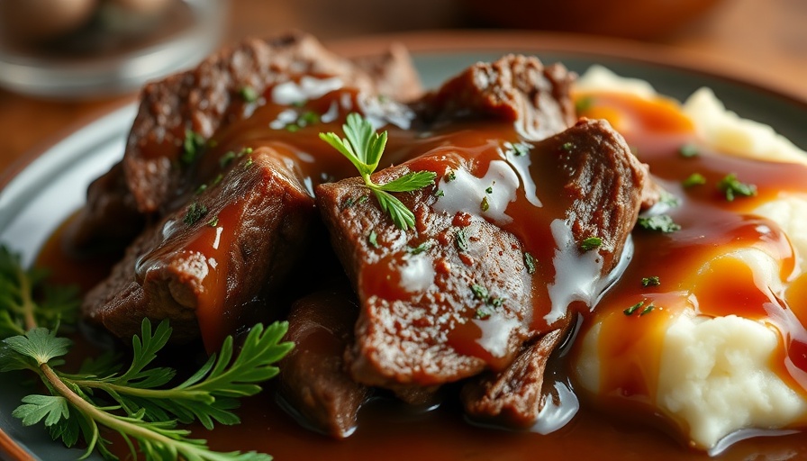 Tender beef tips with gravy over mashed potatoes in a beef tips recipe.