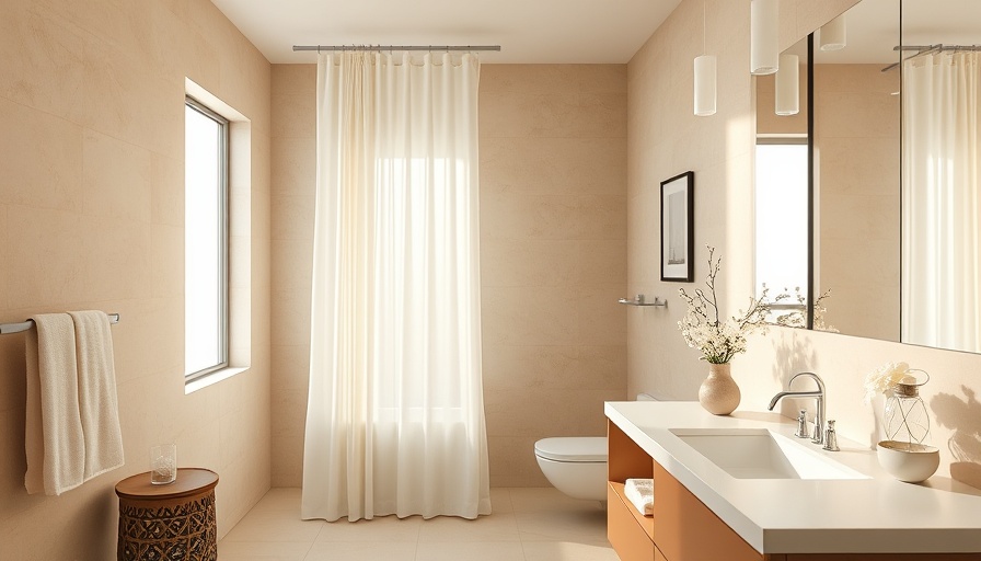 Modern bathroom with an extra long shower curtain in beige.