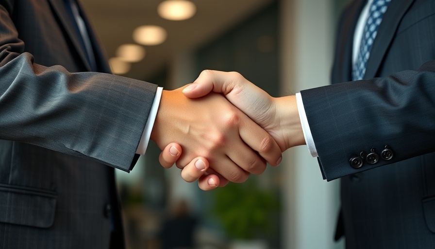 Business handshake, symbolizing agreement in modern office environment.