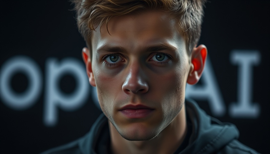 Thoughtful young man in front of OpenAI backdrop, focused expression.
