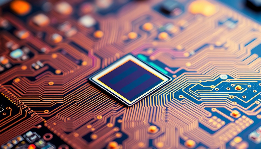 Close-up of microchip wafer showcasing intricate circuitry and vibrant colors.