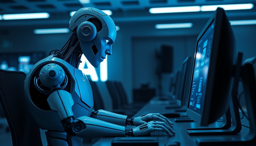 Futuristic humanoid robots working in an AI office environment.