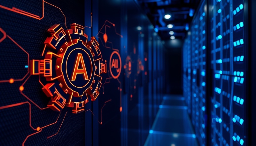 Intricate digital graphic of agentic AI icons on a server backdrop