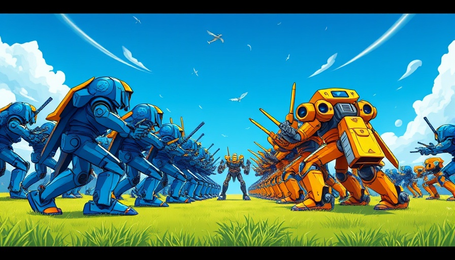Cartoon battle scene of blue and gold AI robot armies representing OpenAI vs Anthropic AI competition.
