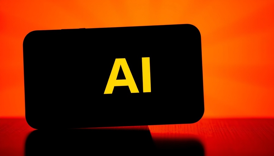 Smartphone with 'AI' text and abstract orange rays backdrop.