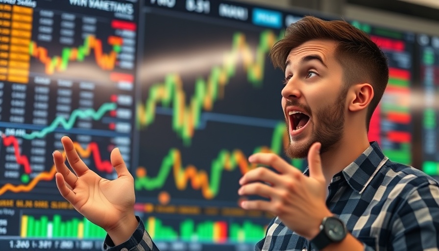 Young man discussing trending AI news with stock charts backdrop.