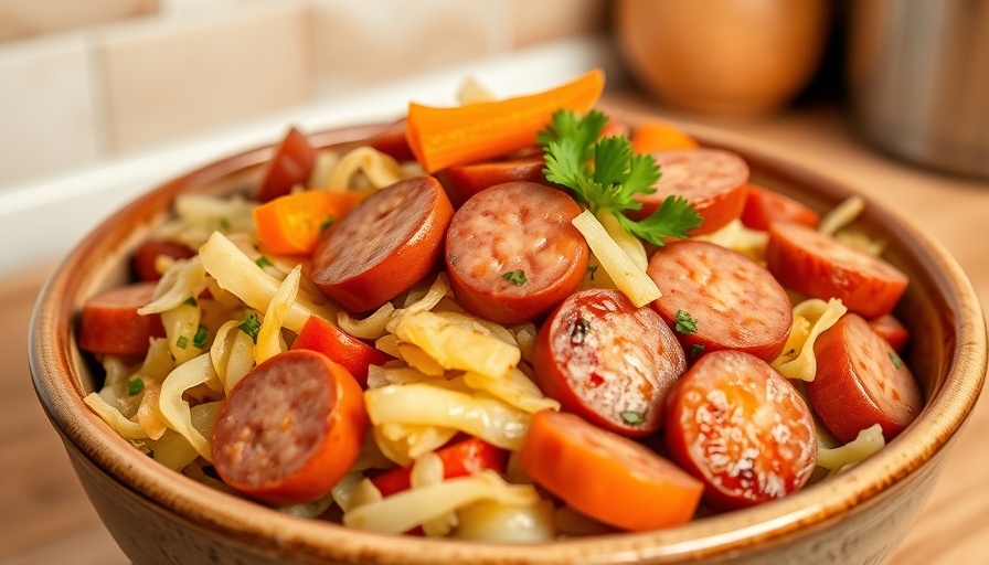 Easy cabbage and sausage recipe with colorful vegetables in a bowl.