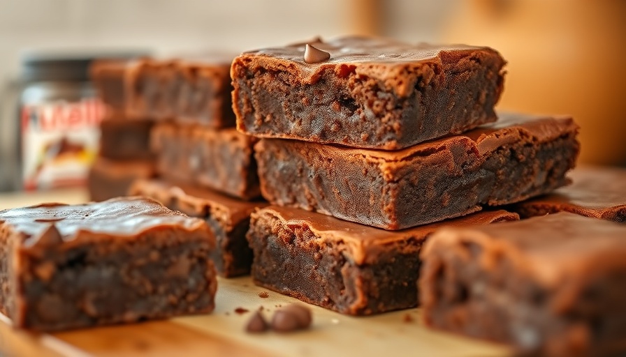 Freshly baked Nutella brownies cut in squares.