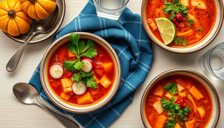 Colorful fall soup with fresh garnishes on a table; Fall Soup Recipes.