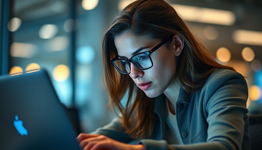Focused woman using laptop at night, deep reasoning AI concept.