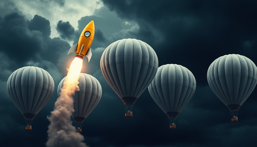 Yellow rocket gaining competitive advantage next to gray balloons.
