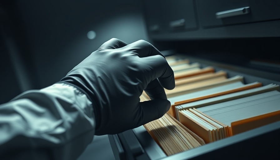 Gloved hand accessing files in dark office, symbolic of data security.