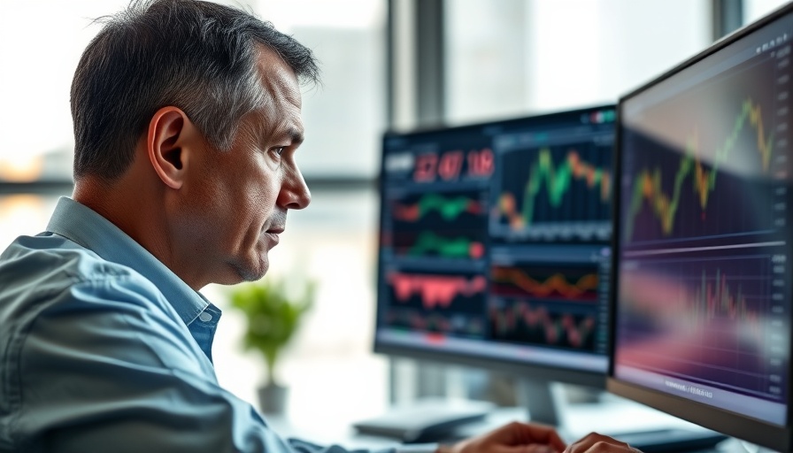 Middle-aged man analyzing AI stocks on computer screens.