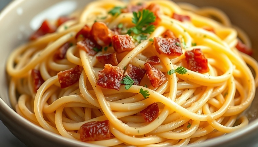 Perfect Spaghetti Carbonara with crispy bacon and parsley close-up.