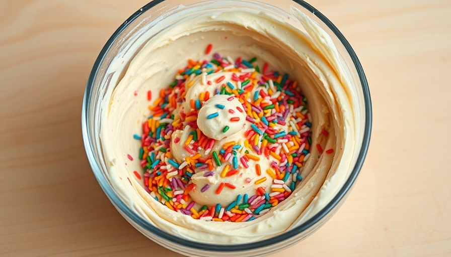 Fun recipes: Creamy cake batter with colorful sprinkles in a bowl.
