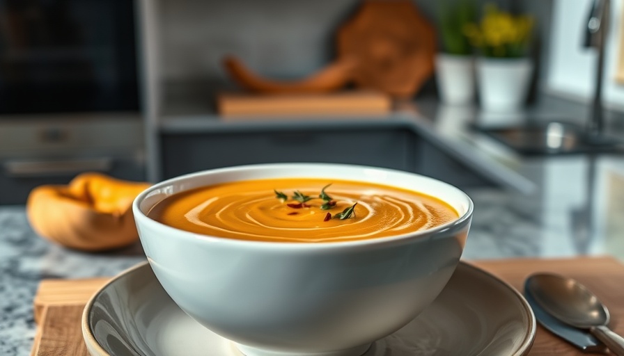 Creamy butternut squash soup recipe with garnish.