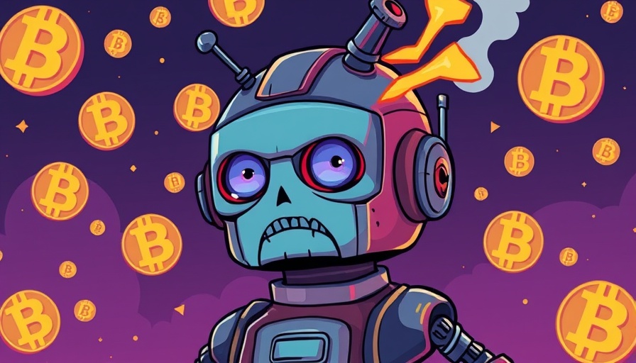 Retro robot with Bitcoin symbols, steam from head, AI agents crypto trading concept.