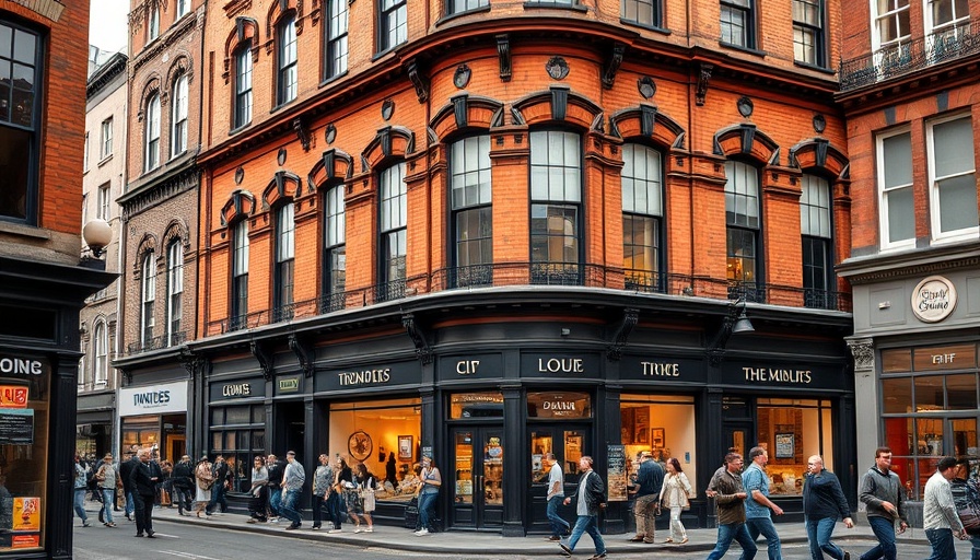 Victorian architecture in Dublin Creative Quarter with shops and people.