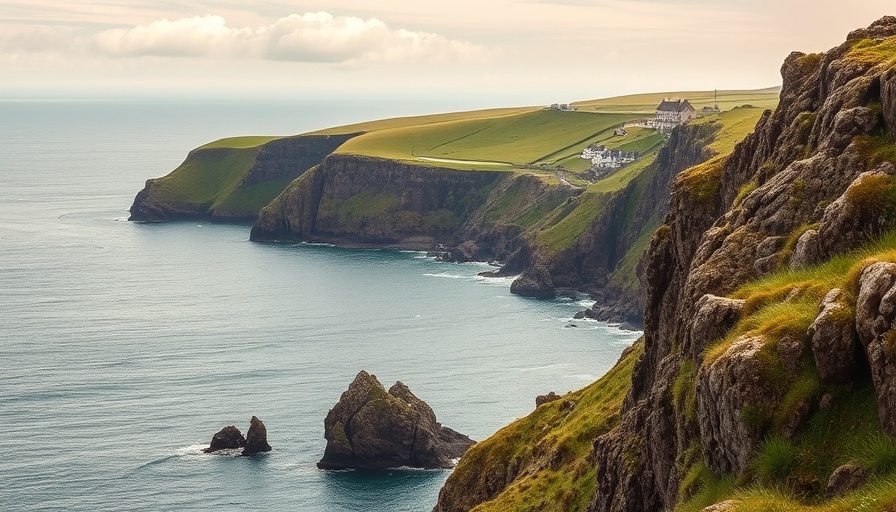 Howth Cliff Walk scenic coastal view with green cliffs and houses.