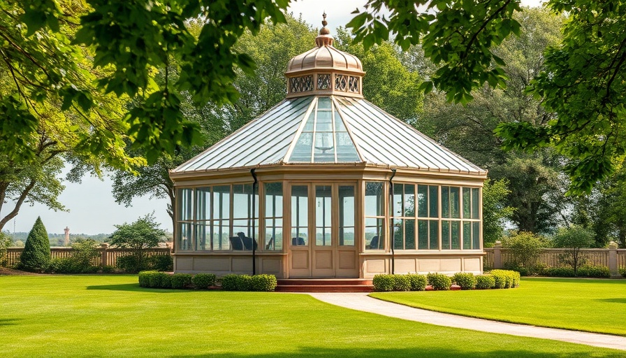 Elegant Victorian glasshouse at the National Botanic Gardens amid green lawns.