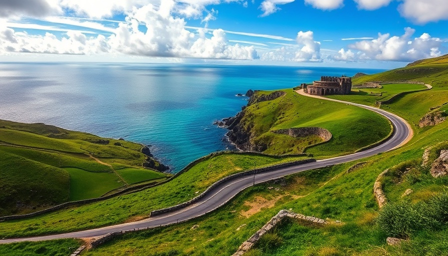 Scenic coastal road in Ireland with historic ruins and ocean view