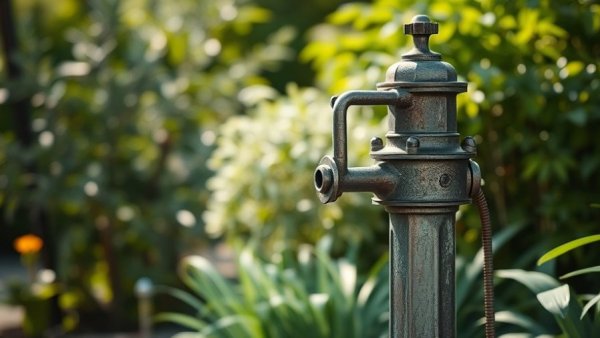 Old water pump in a garden setting, selling a house with well water context.