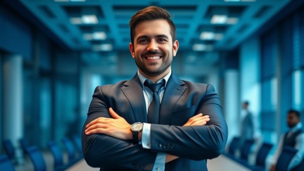 Confident man in conference room for agent training programs.