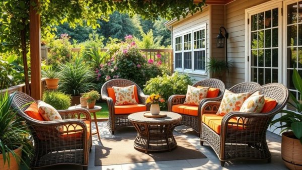 Charming patio with wicker seating and lush garden, showcasing outdoor staging.