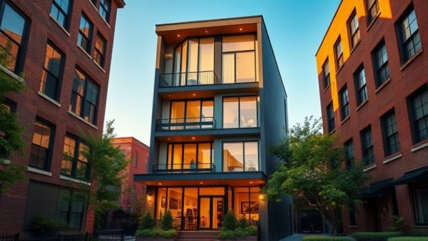 Modern house exterior with fence, vibrant neighborhood.