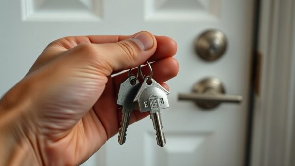 Hand holding keys in front of a white door lock indoors.