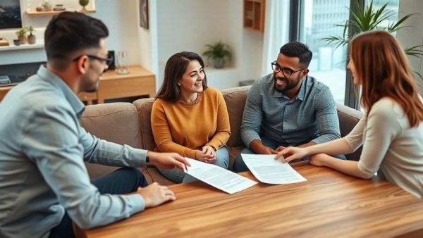 Couple and agent reviewing real estate documents in a cozy room.