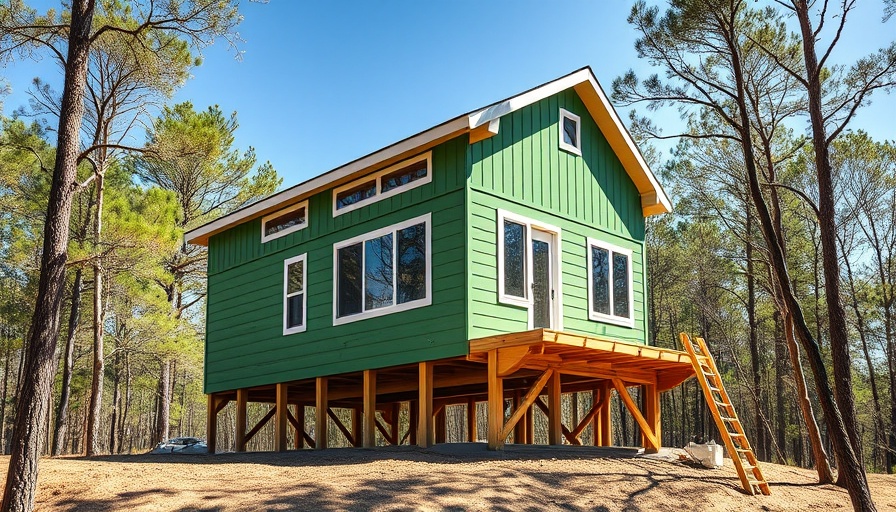 Modern ADU construction with green siding and wooden supports.