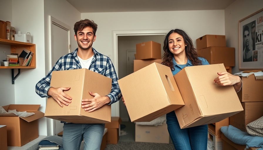 Students moving out of college dorm stress-free with boxes.