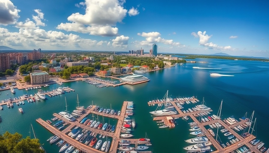 Aerial view of a marina in Kirkland, WA with boats and cityscape.