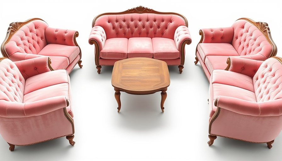 Vintage style furniture with pink velvet sofas and wooden table.